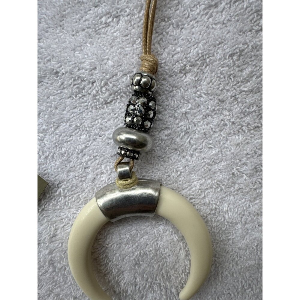 Chicos Faux Ivory Crescent Pendant Silver Tone 21" Long Statement Necklace NEW - Picture 9 of 15